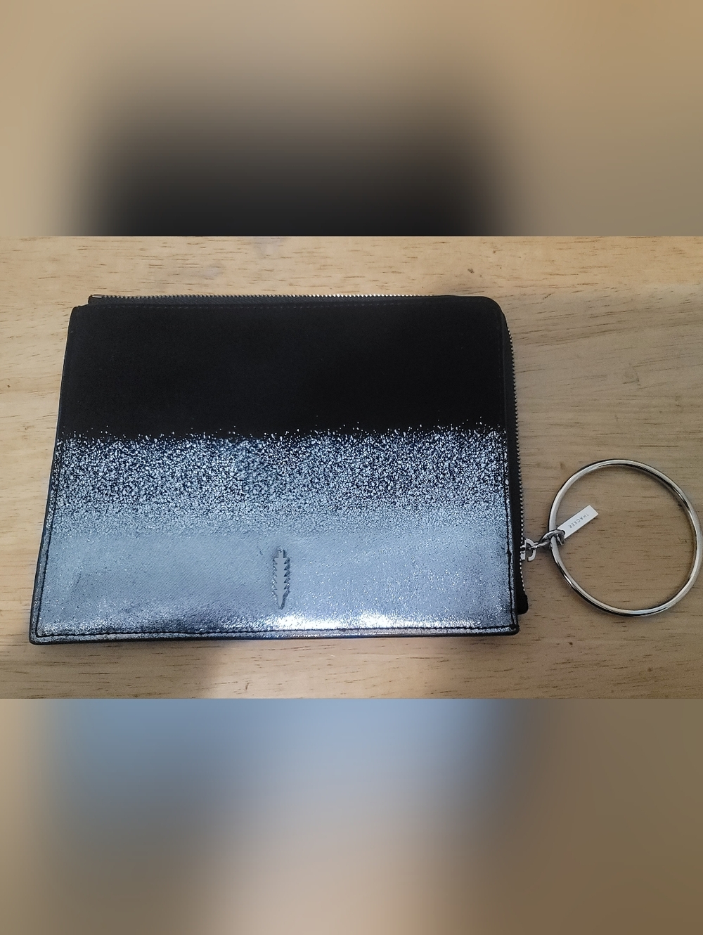 Black to Metallic Silver Ombre Suede Zip Clutch